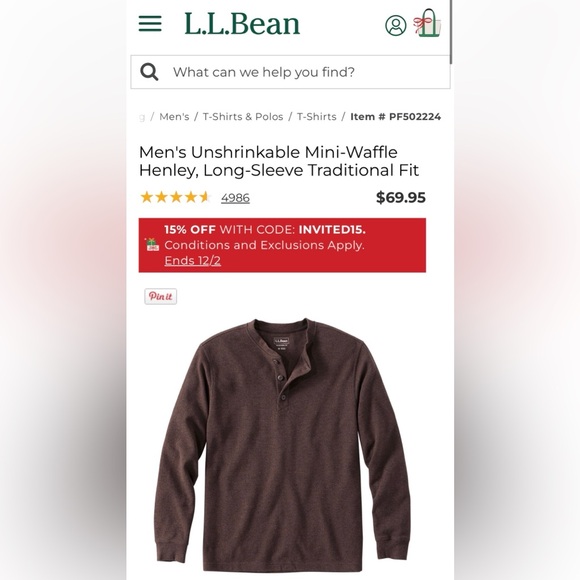 L.L. Bean Men's Unshrinkable Mini Waffle Henley, Slim fit, Long Sleeve, green - Picture 3 of 3